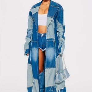 Fashion Nova LONG Trench Blue Patchwork Denim Jacket- NEW 🔥🔥🔥